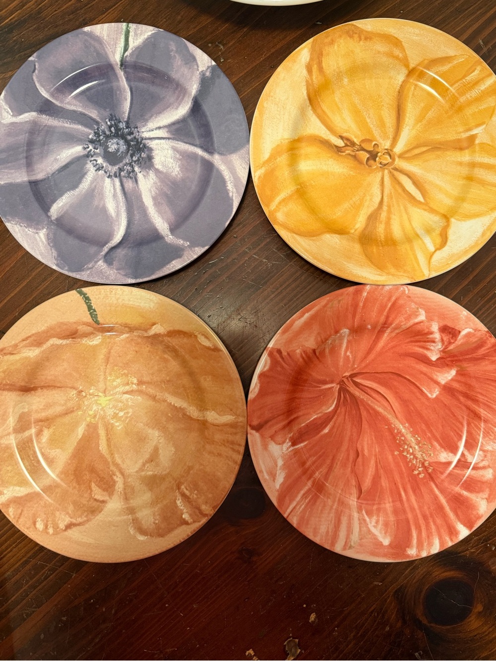 Pier 1 Floral Plates in Purple, Yellow, Peach, and Coral watercolor blooms
